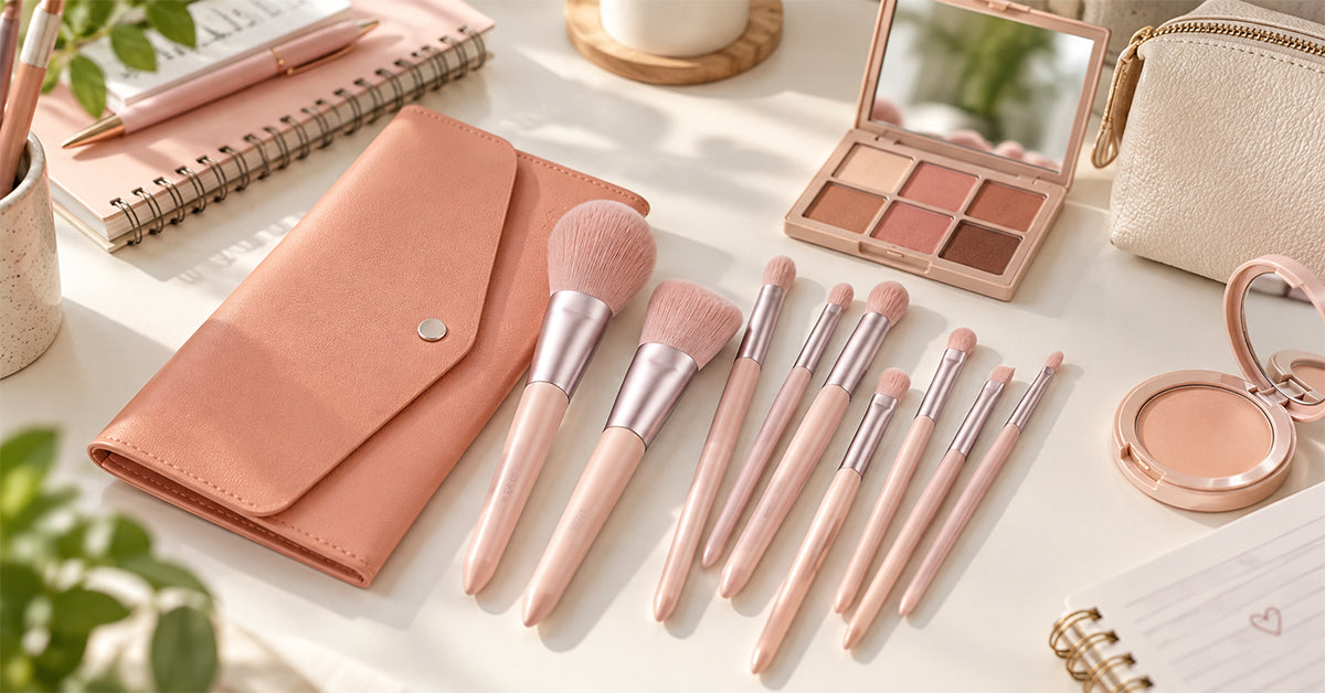 Flat lay of a 9-piece makeup brush set arranged beside simple college makeup essentials on a dorm desk