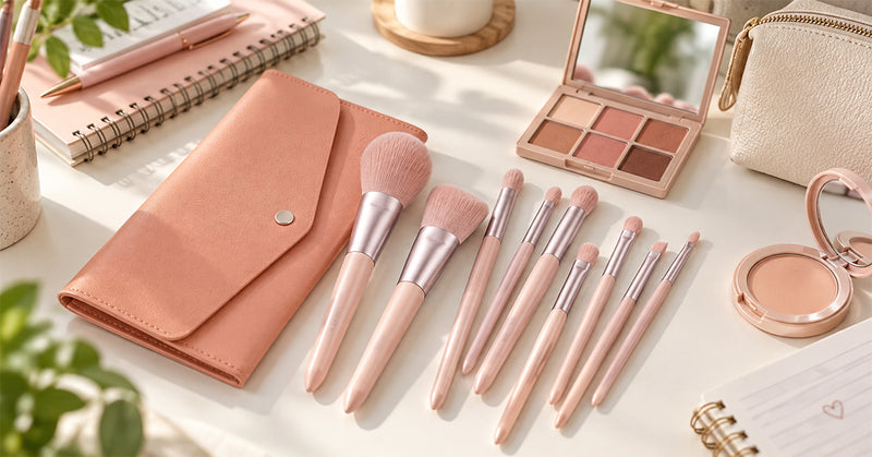 Flat lay of a 9-piece makeup brush set arranged beside simple college makeup essentials on a dorm desk