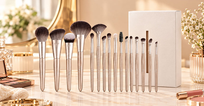 Close-up of a kabuki makeup brush applying liquid foundation smoothly onto skin