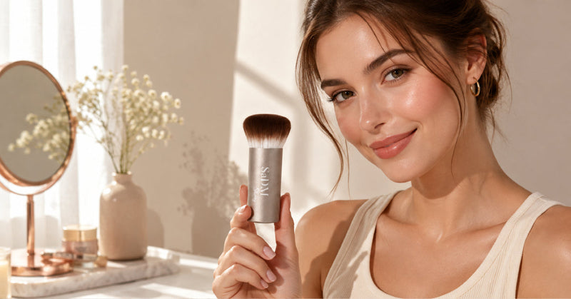 Flat lay of different highlighter brushes including fan and tapered shapes on a neutral background
