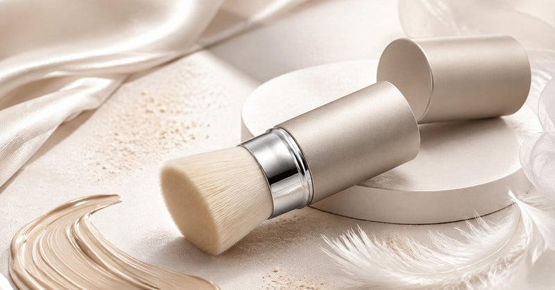Flat lay of soft makeup brushes suitable for mature skin on a light background