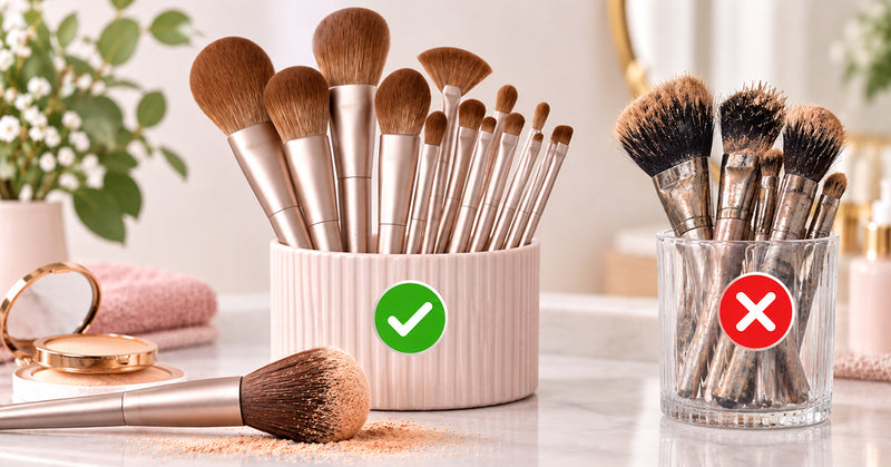 Flat lay of various makeup brushes on a clean surface, some new and some worn, showing signs they need replacing.