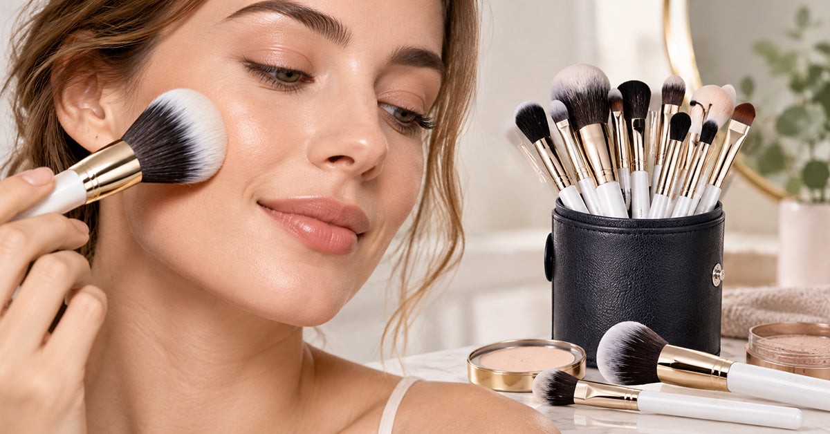 Flat lay of soft makeup brushes arranged beside hydrating skincare products for dry skin