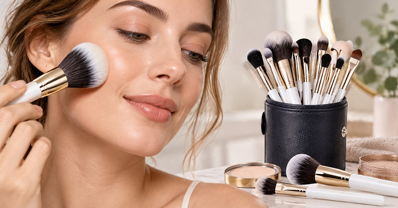 Flat lay of soft makeup brushes arranged beside hydrating skincare products for dry skin