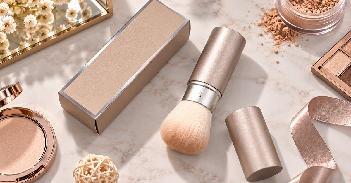Close-up of professional makeup brushes laid out beside a face chart for a photoshoot look
