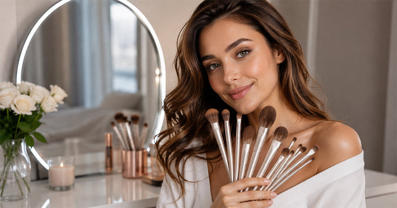Assorted foundation makeup brushes with liquid, cream and powder foundation on a vanity