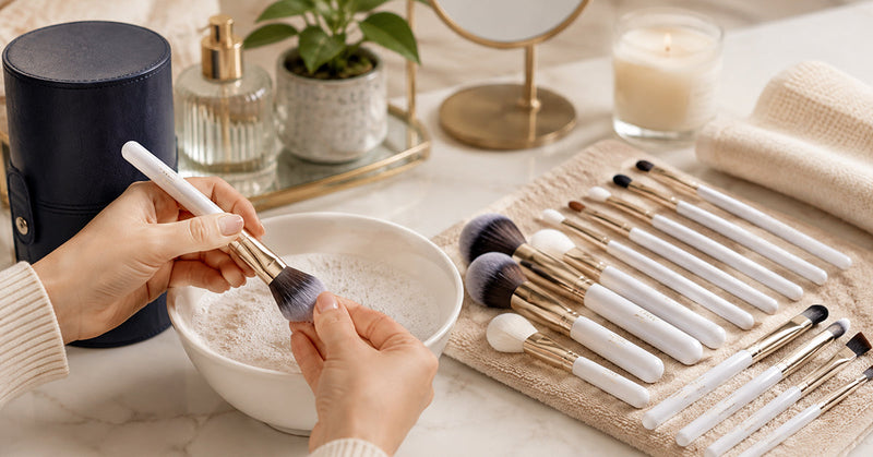Clean makeup brushes laid out to dry on a white towel next to gentle brush cleanser