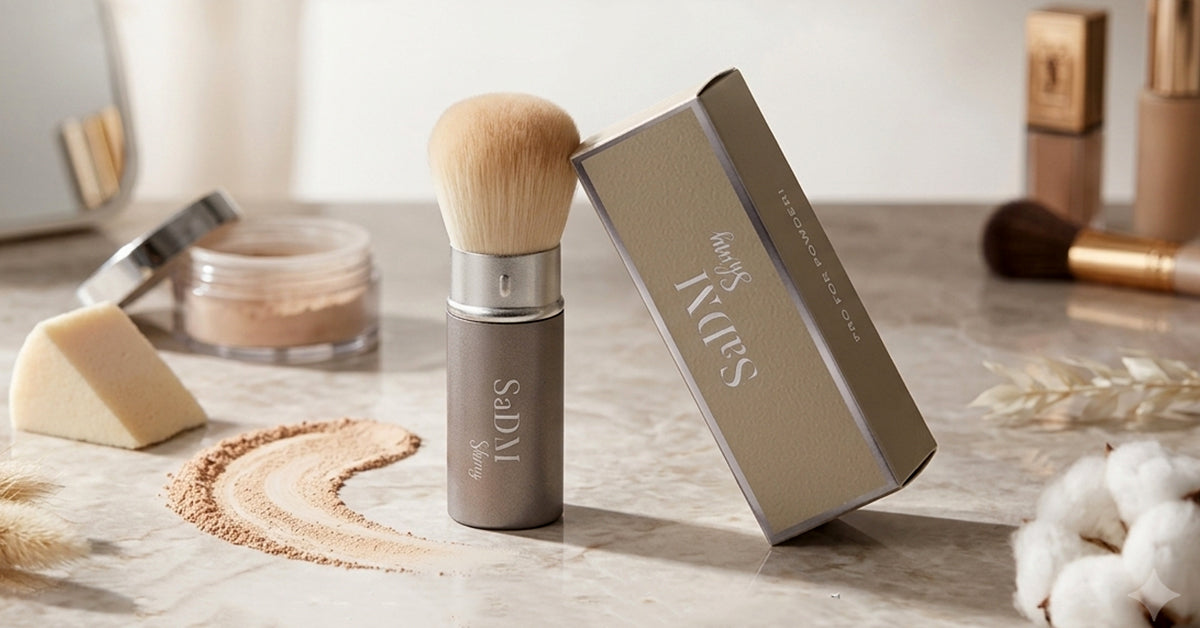 Makeup artist applying powder foundation with a kabuki brush on a model’s face