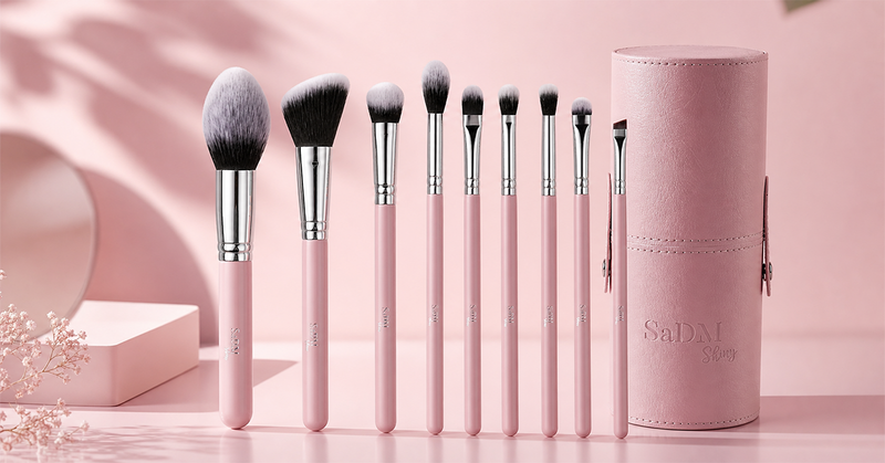 Flat, rounded and angled makeup brushes arranged with face makeup products