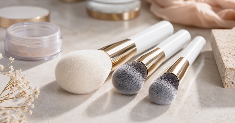Close-up of a fluffy powder brush dusting translucent powder onto a model’s cheek