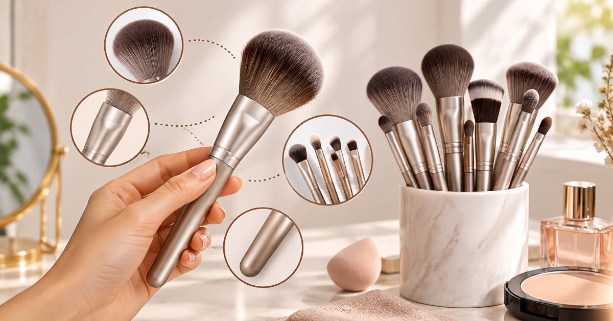 Flatlay of a neutral-toned 11-piece makeup brush set arranged neatly on a vanity