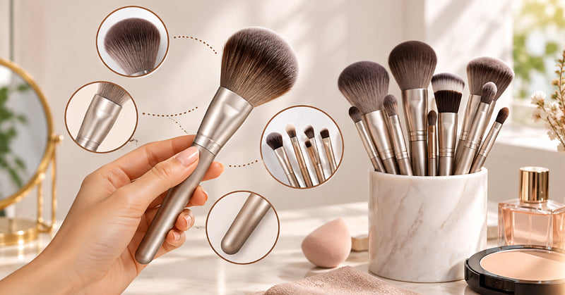 Flatlay of a neutral-toned 11-piece makeup brush set arranged neatly on a vanity