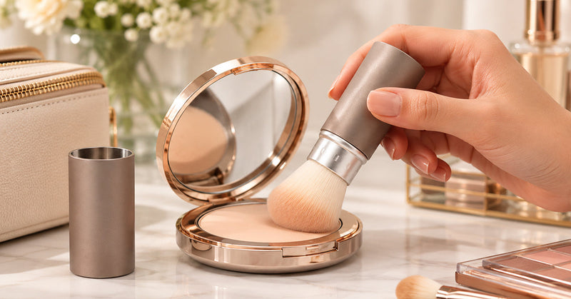 Retractable kabuki brush standing next to a compact powder in a travel makeup setup