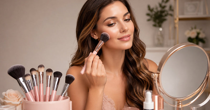 Flatlay of assorted makeup brushes arranged beside face and eye makeup products