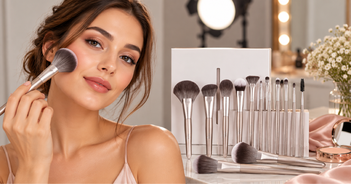 Professional makeup artist arranging a 24-piece makeup brush set on a studio workstation