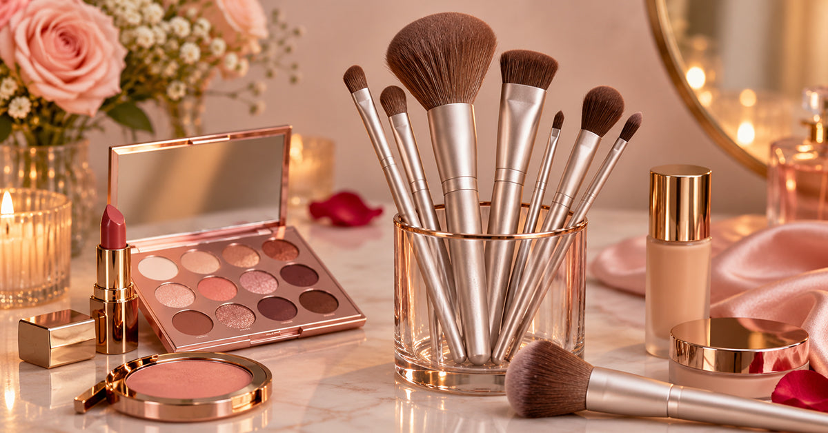 Flat top kabuki, powder, and blush brushes laid out beside oil-control makeup products