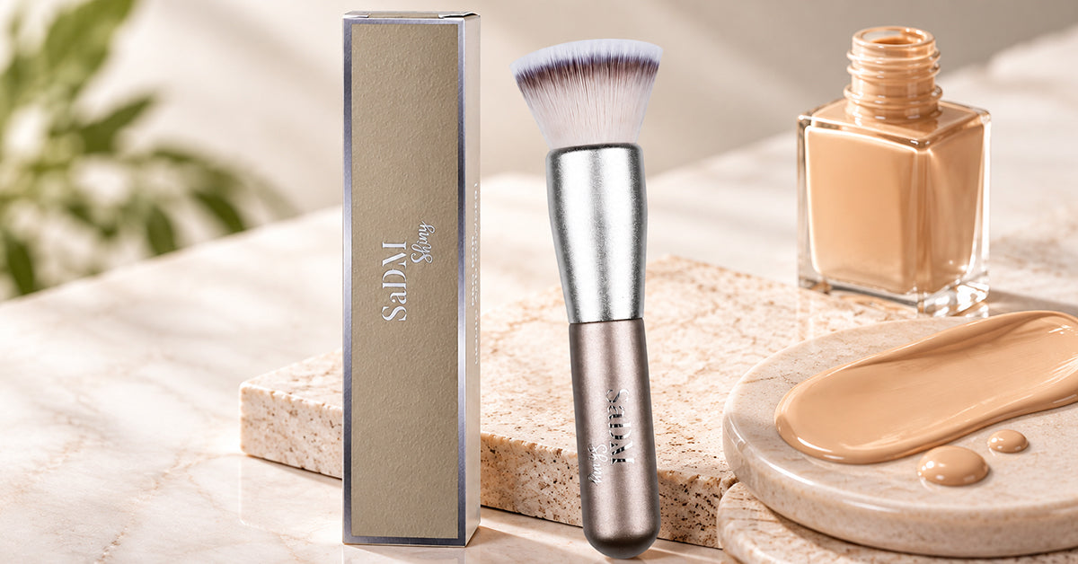 Beginner using a foundation brush to apply liquid foundation in front of a mirror