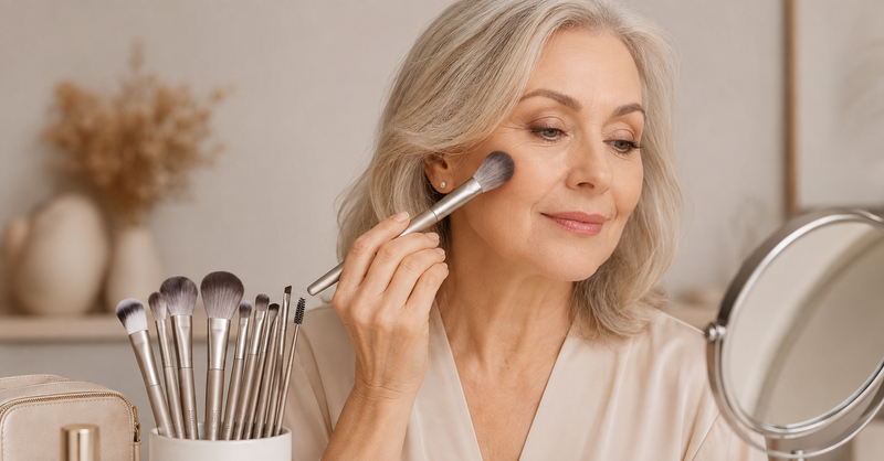 Flat lay of soft synthetic makeup brushes suitable for sensitive skin on a neutral background