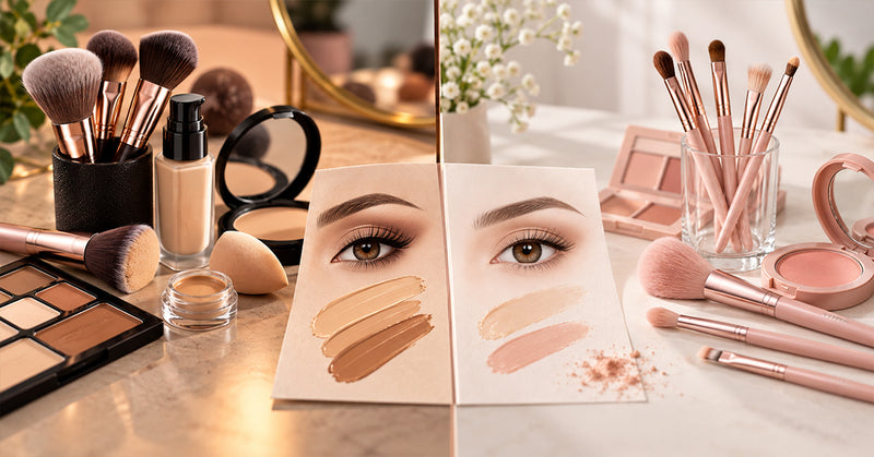 Flat Top Kabuki Brush and buffing brush lying beside liquid foundation swatches, showing tools for full coverage and natural makeup looks