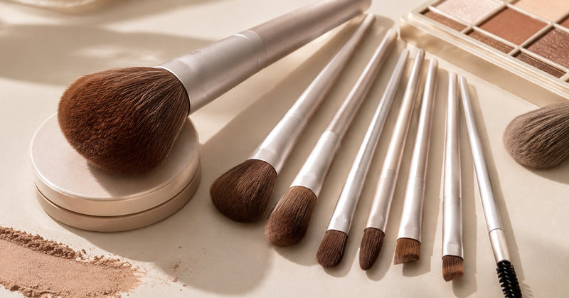 Flat lay of essential makeup brushes for a full-glam look, including face and eyeshadow tools arranged around a makeup palette