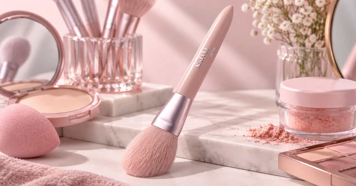 Flat lay of everyday makeup brushes arranged beside natural everyday makeup products