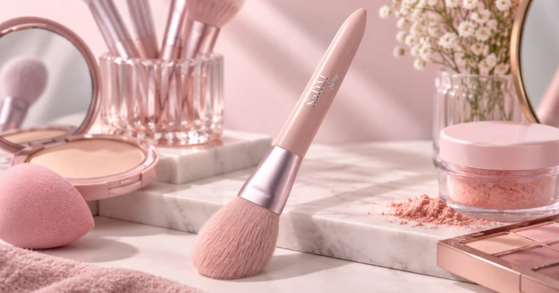 Flat lay of everyday makeup brushes arranged beside natural everyday makeup products