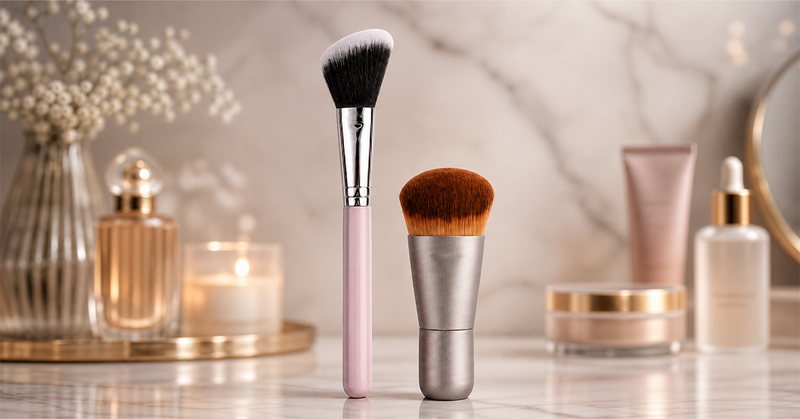 Powder brush and kabuki makeup brush with loose setting powder on a vanity