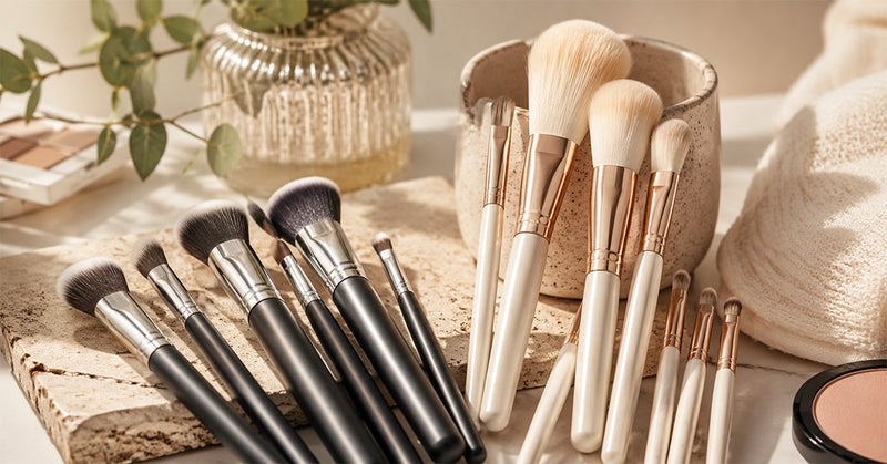 Black-handled synthetic brushes and white natural-hair brushes arranged on a stone tray