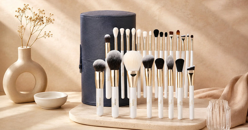 Navy brush case holding a row of white-handled makeup brushes on a tray beside a vase